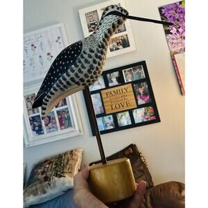 Vtg Wood Shore Bird hand-painted Hand-carved White Blk Inset Jewel Eyes on stand